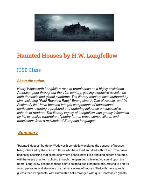 Haunted Houses | H. W. Longfellow | PDF Detailed Analysis for Exam Prep.