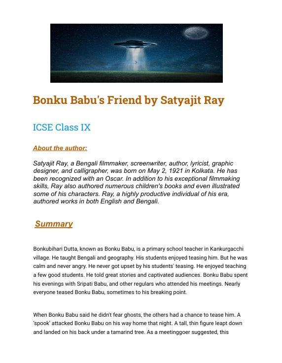 Bonku Babu's Friend | Satyajit Ray | PDF Detailed Analysis for Exam Prep.