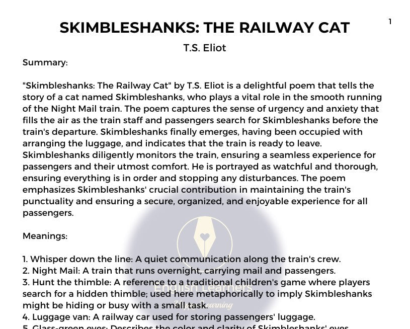 Skimbleshanks: The Railway Cat | T.S. Eliot | PDF Detailed Analysis fo ...
