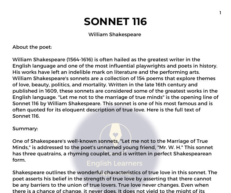 Sonnet 116 | William Shakespeare | PDF Detailed Analysis for Exam Prep.